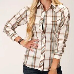 Roper Women's Cream and Brown Plaid Shirt L. 100%cotton